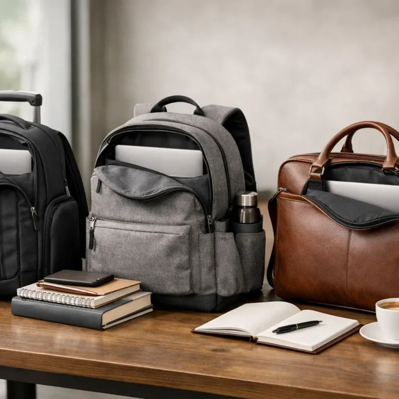 Laptop bag backpack and leather work bag for travel school and office use on wooden desk