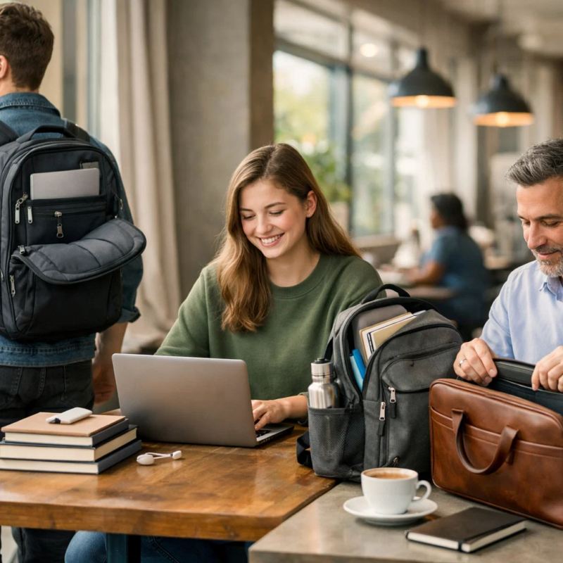 Students and professionals using laptop bags backpack and leather work bag in cafe workspace