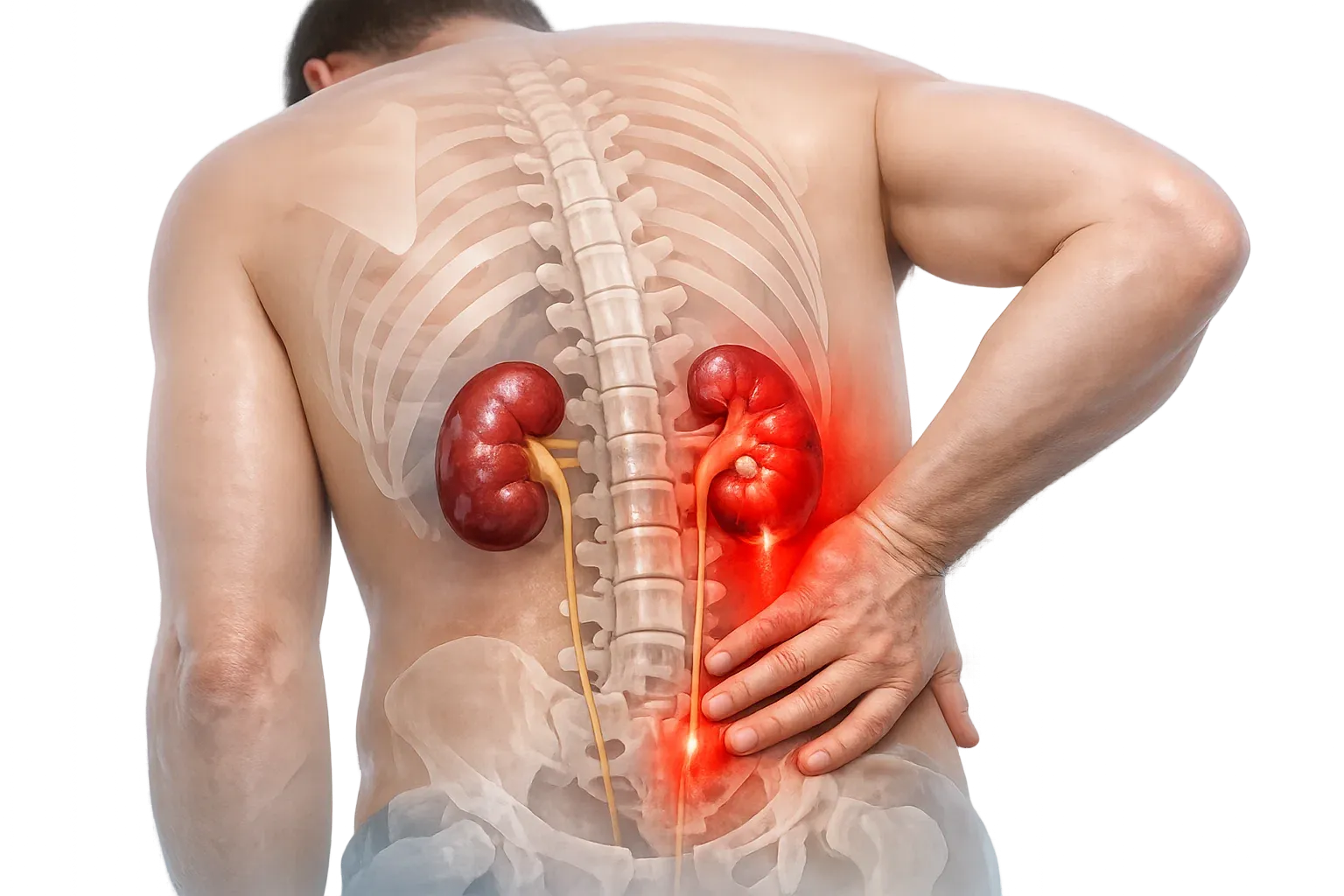 Kidney stone pain illustration showing stone in ureter with pain radiating from kidney to lower abdomen